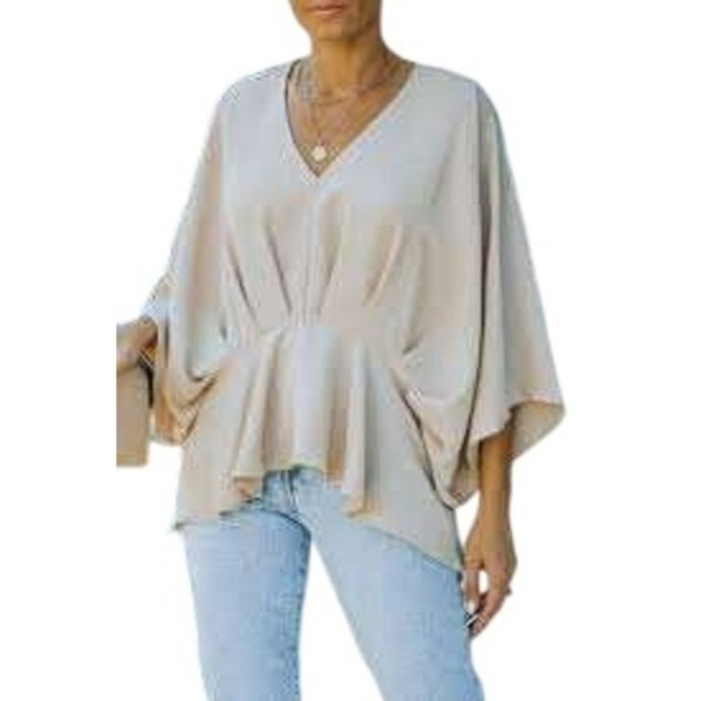 Beige V-Neck Kimono Sleeve Pleated Peplum Blouse Top Cream Tan size S/M‎ overize
